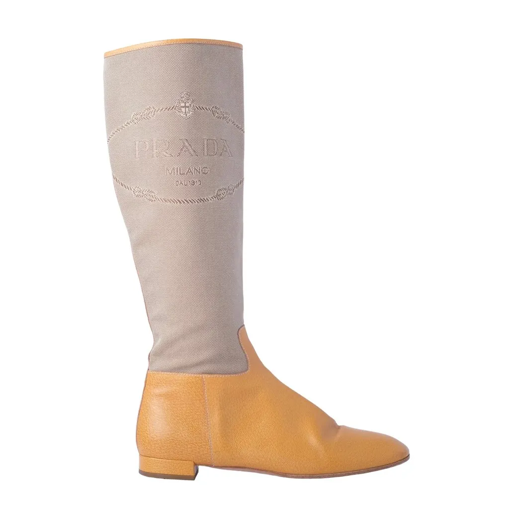 Prada Beige Canvas & Camel Leather Logo Riding Boots - '00s Camel Canvas Good - Front View
