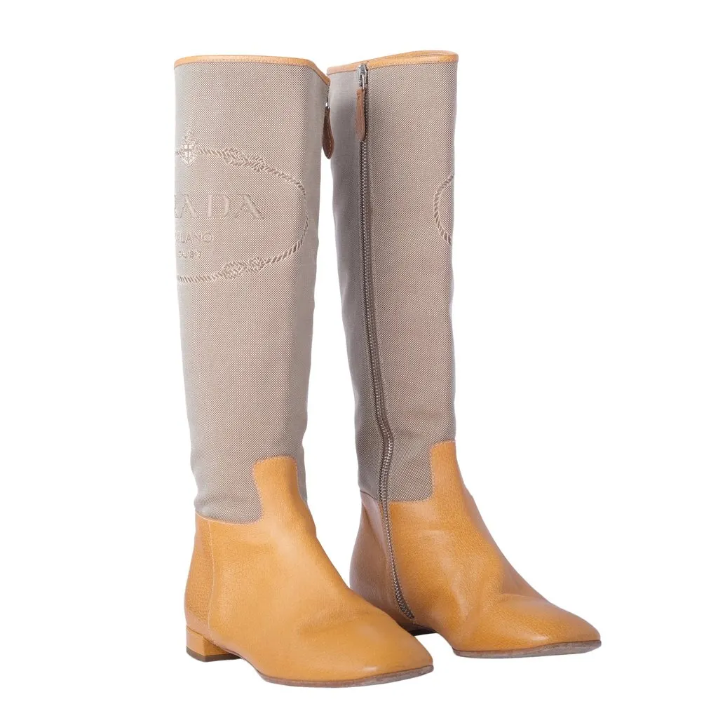 Prada Beige Canvas & Camel Leather Logo Riding Boots - '00s Camel Canvas Good - Back View