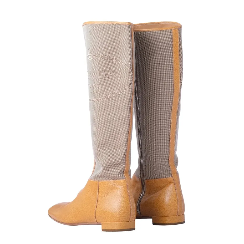 Prada Beige Canvas & Camel Leather Logo Riding Boots - '00s Camel Canvas Good - Inside View