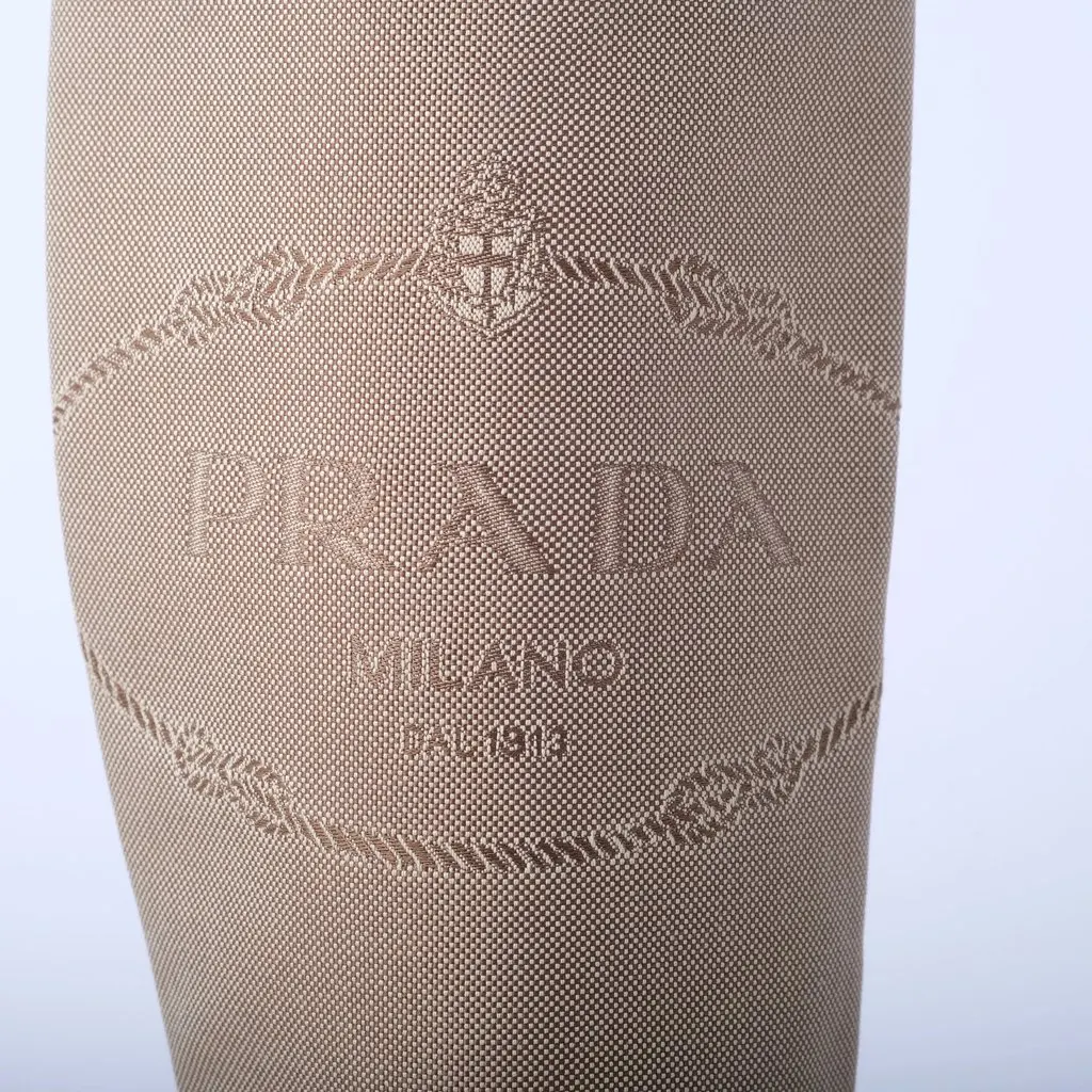 Prada Beige Canvas & Camel Leather Logo Riding Boots - '00s Camel Canvas Good - Box View