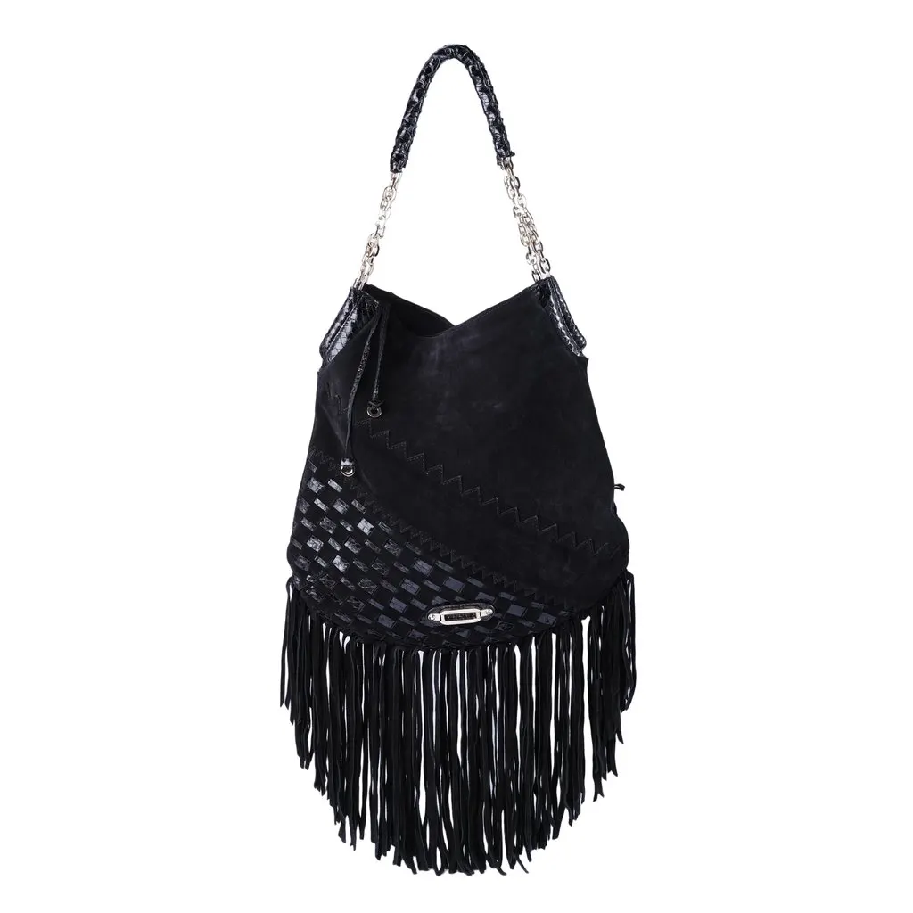Jimmy Choo Tatum Leather & Suede Fringe Hobo Bag - '10s Black Leather Good - Front View
