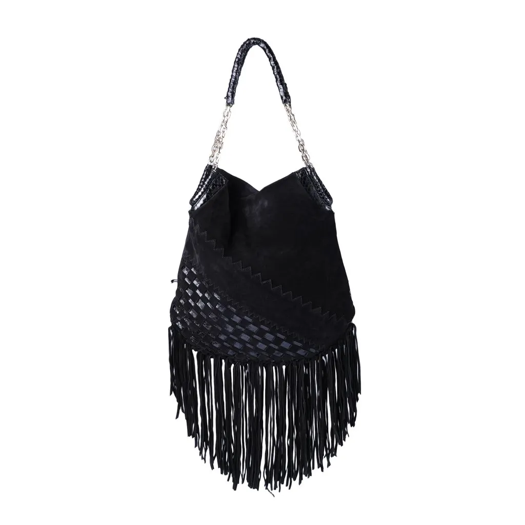 Jimmy Choo Tatum Leather & Suede Fringe Hobo Bag - '10s Black Leather Good - Back View