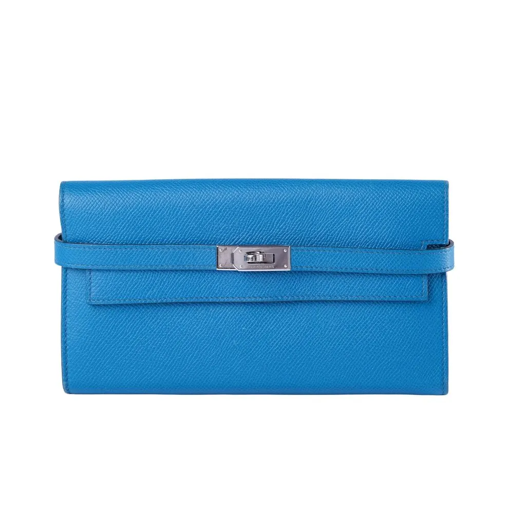 Hermès Bleu Zanzibar Kelly Long Wallet Chevre Leather Palladium Hardware MultiColor Leather Good - Front View