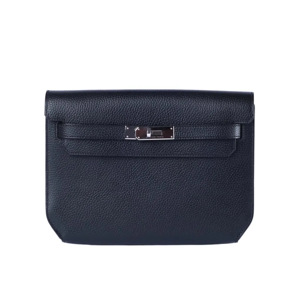 Hermès Kelly Dépêches 25 Noir Galop d’Hermès Palladium Hardware - '20s Black Leather Good - Front View