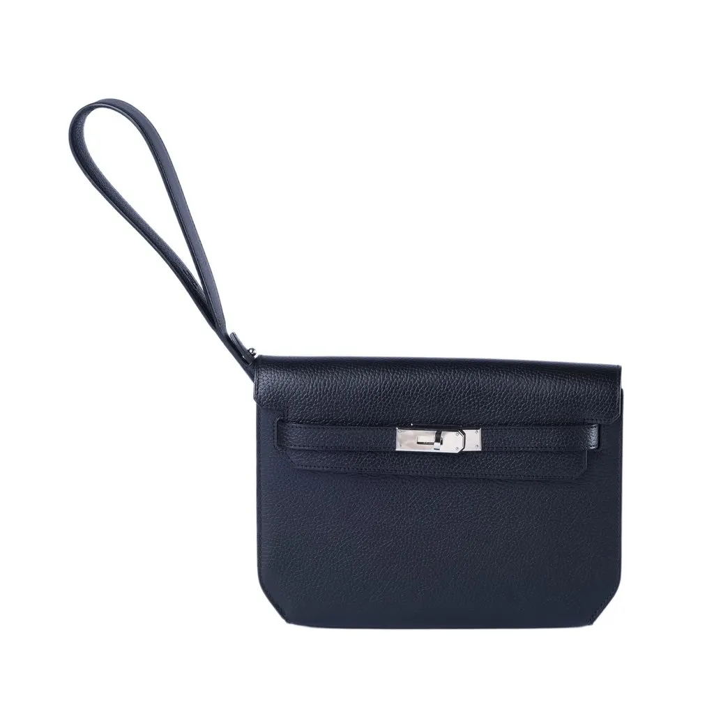 Hermès Kelly Dépêches 25 Noir Galop d’Hermès Palladium Hardware - '20s Black Leather Good - Back View