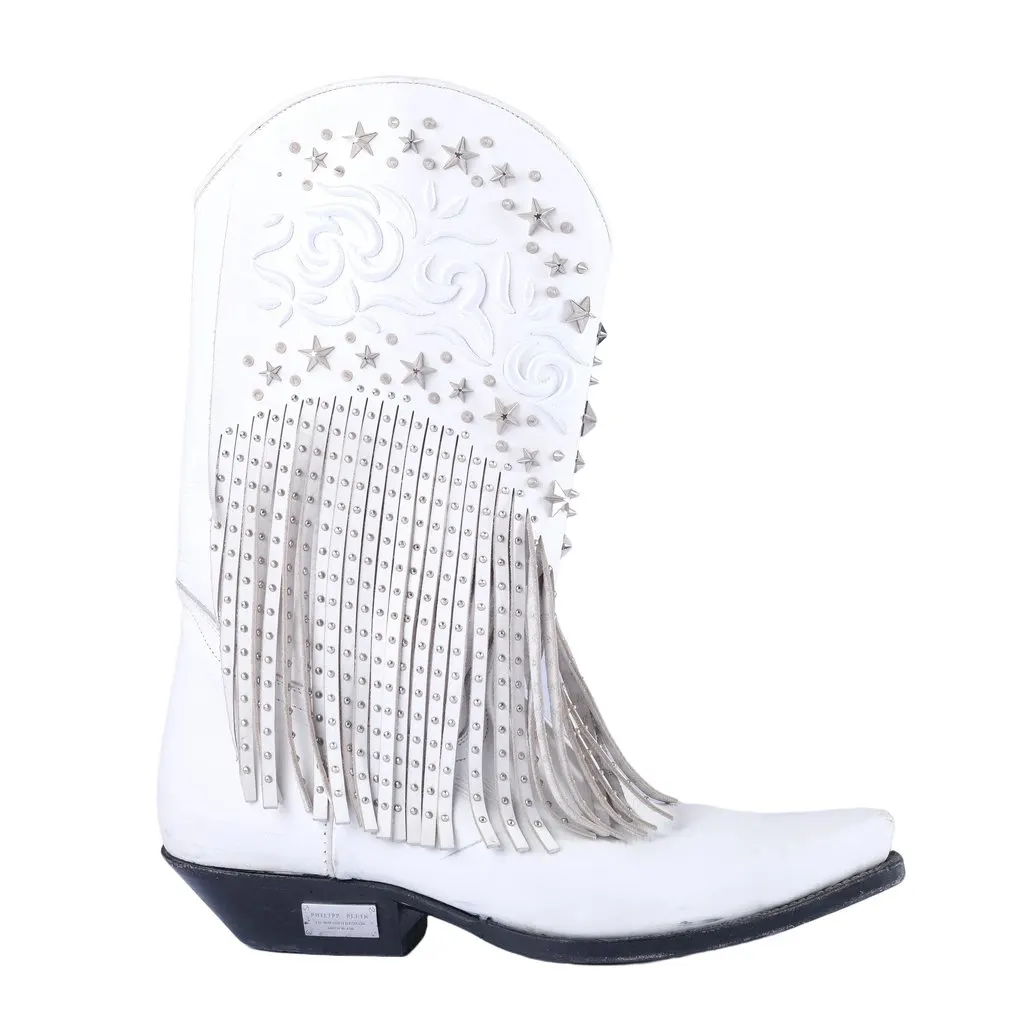 Philipp Plein White Leather Fringe Cowboy Boots - '20s White Leather Good - Front View