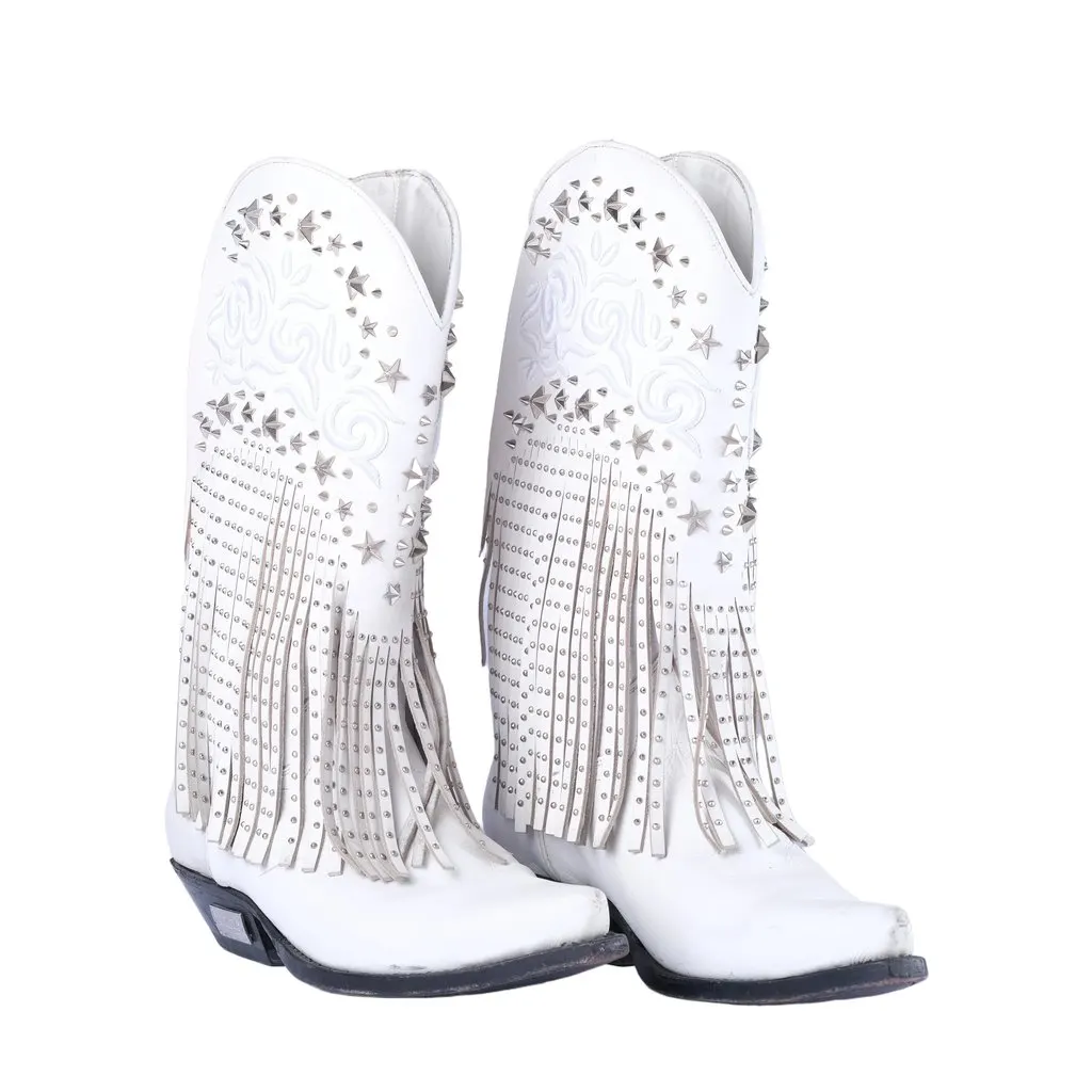 Philipp Plein White Leather Fringe Cowboy Boots - '20s White Leather Good - Back View
