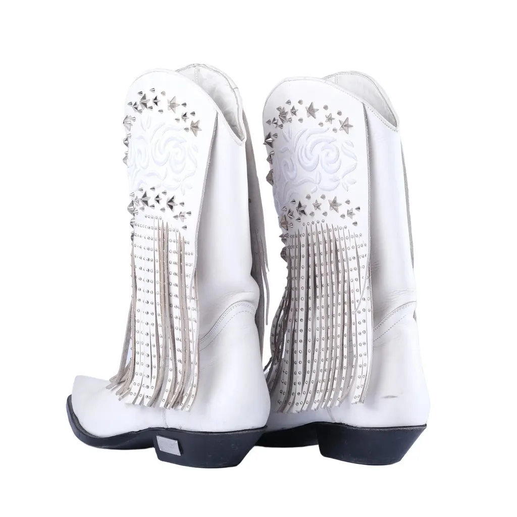Philipp Plein White Leather Fringe Cowboy Boots - '20s White Leather Good - Inside View