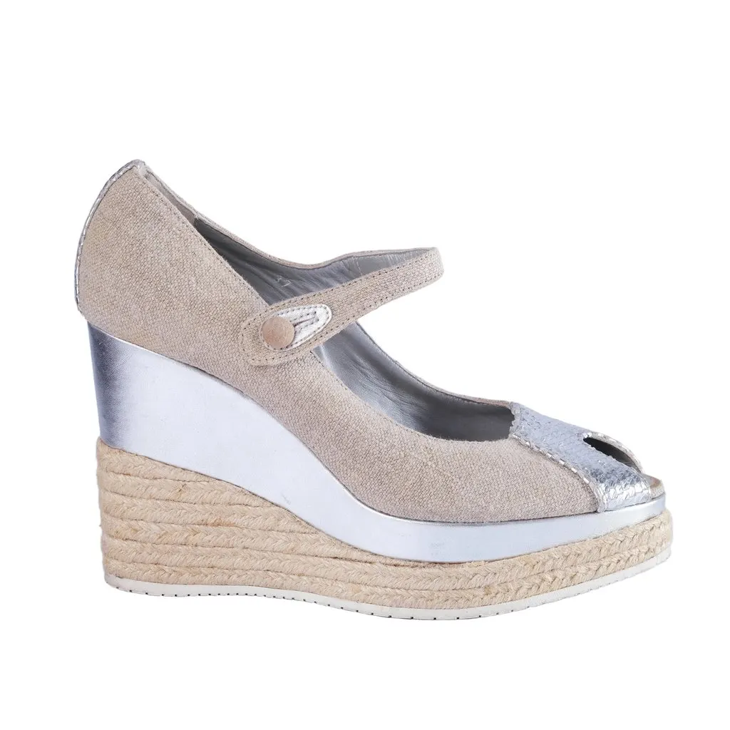 Unsigned Hogan Linen & Silver Wedge Espadrilles -'10s Silver Linen Good - Front View