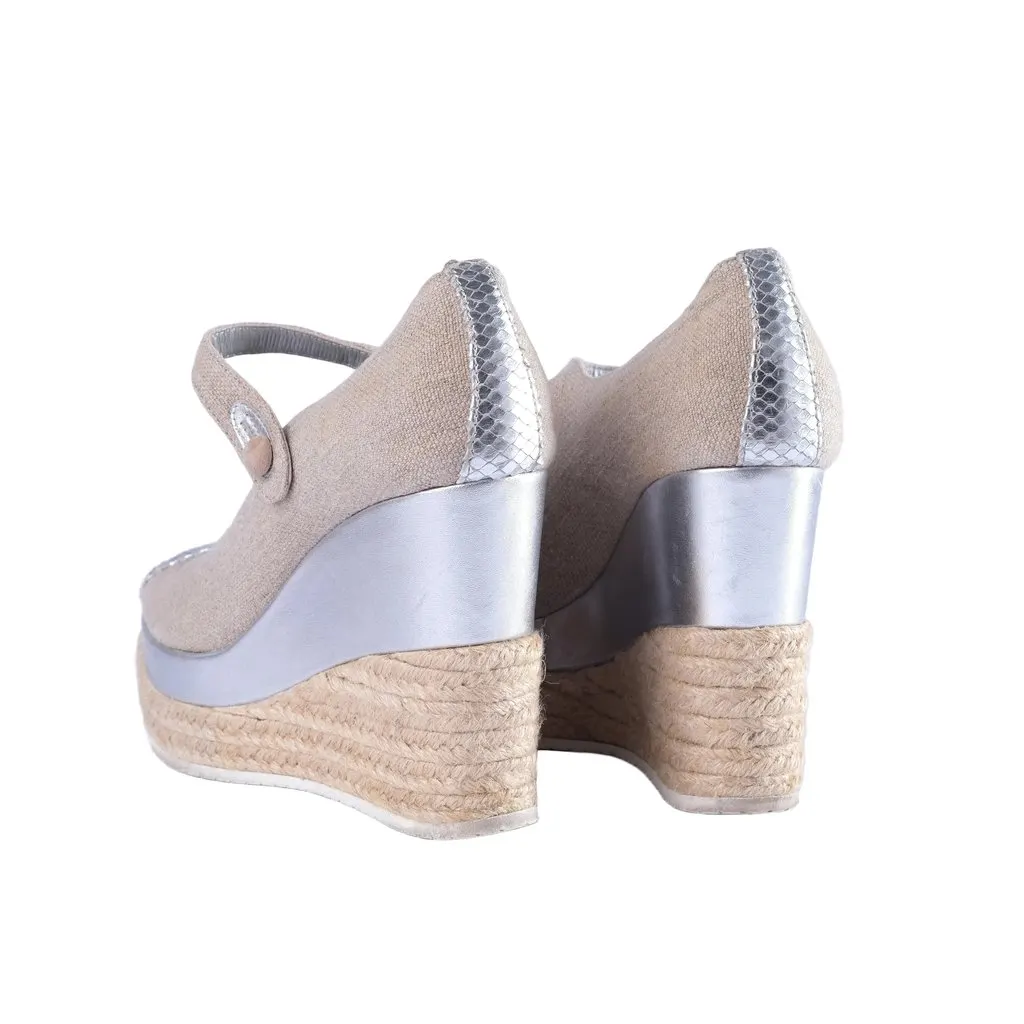 Unsigned Hogan Linen & Silver Wedge Espadrilles -'10s Silver Linen Good - Inside View
