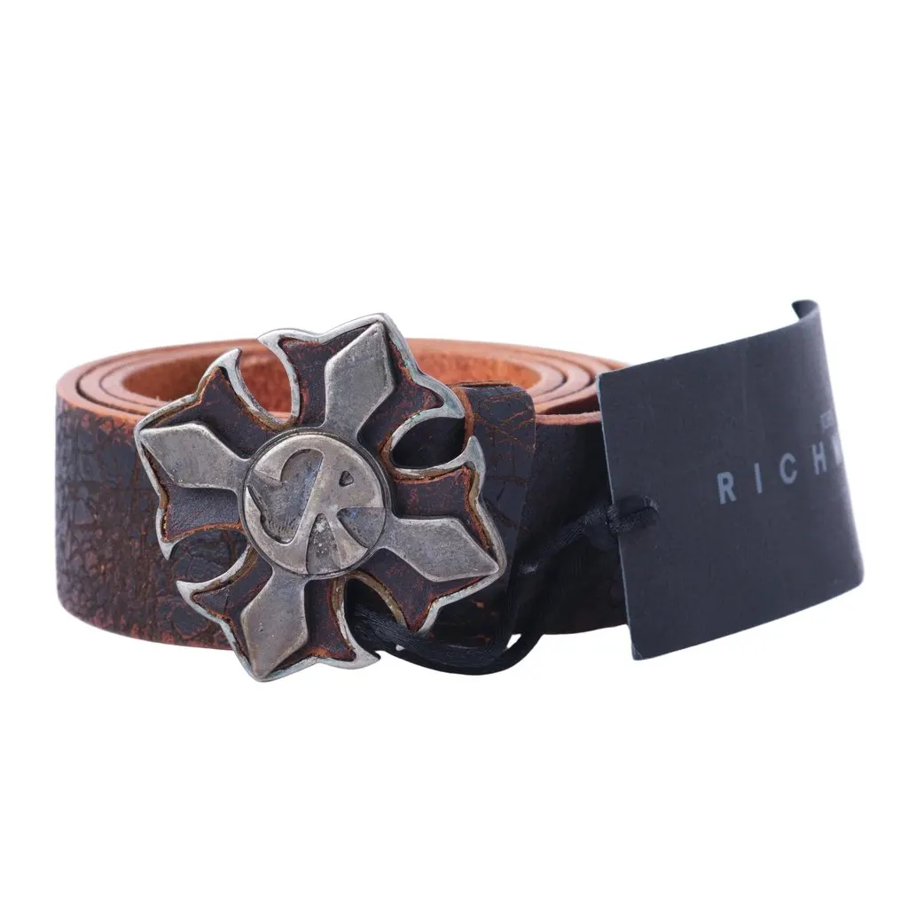 John Richmond Distressed Brown Leather Belt with Cross Buckle - '00s Brown Leather Good - Front View