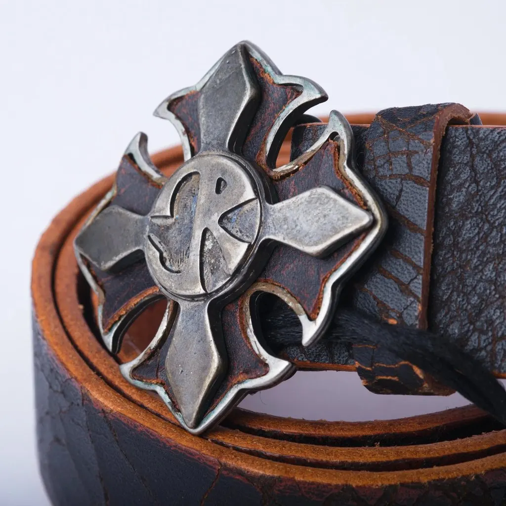 John Richmond Distressed Brown Leather Belt with Cross Buckle - '00s Brown Leather Good - Back View