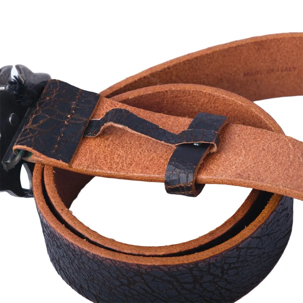 John Richmond Distressed Brown Leather Belt with Cross Buckle - '00s Brown Leather Good - Inside View