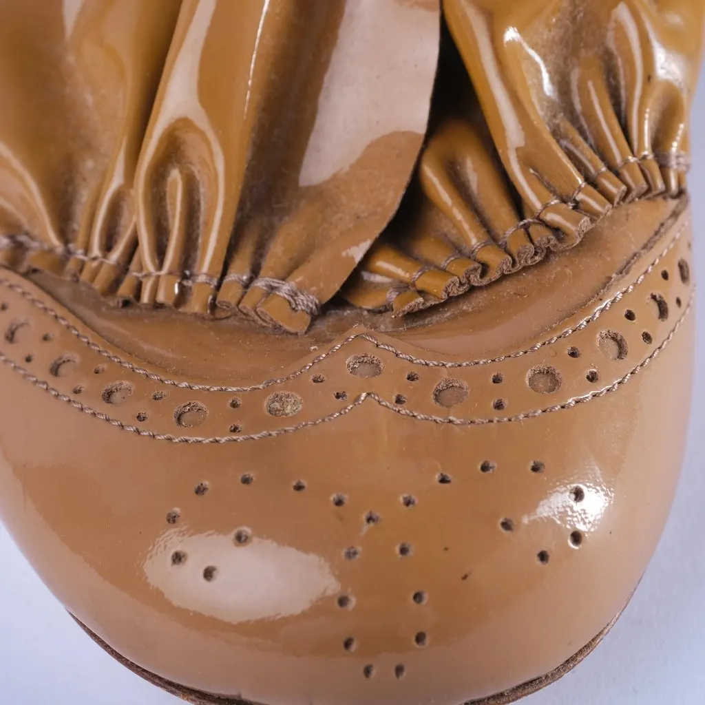 Miu Miu Nude Patent Leather Flats with Ruffle Detailing - '10s White Leather Good - Model View