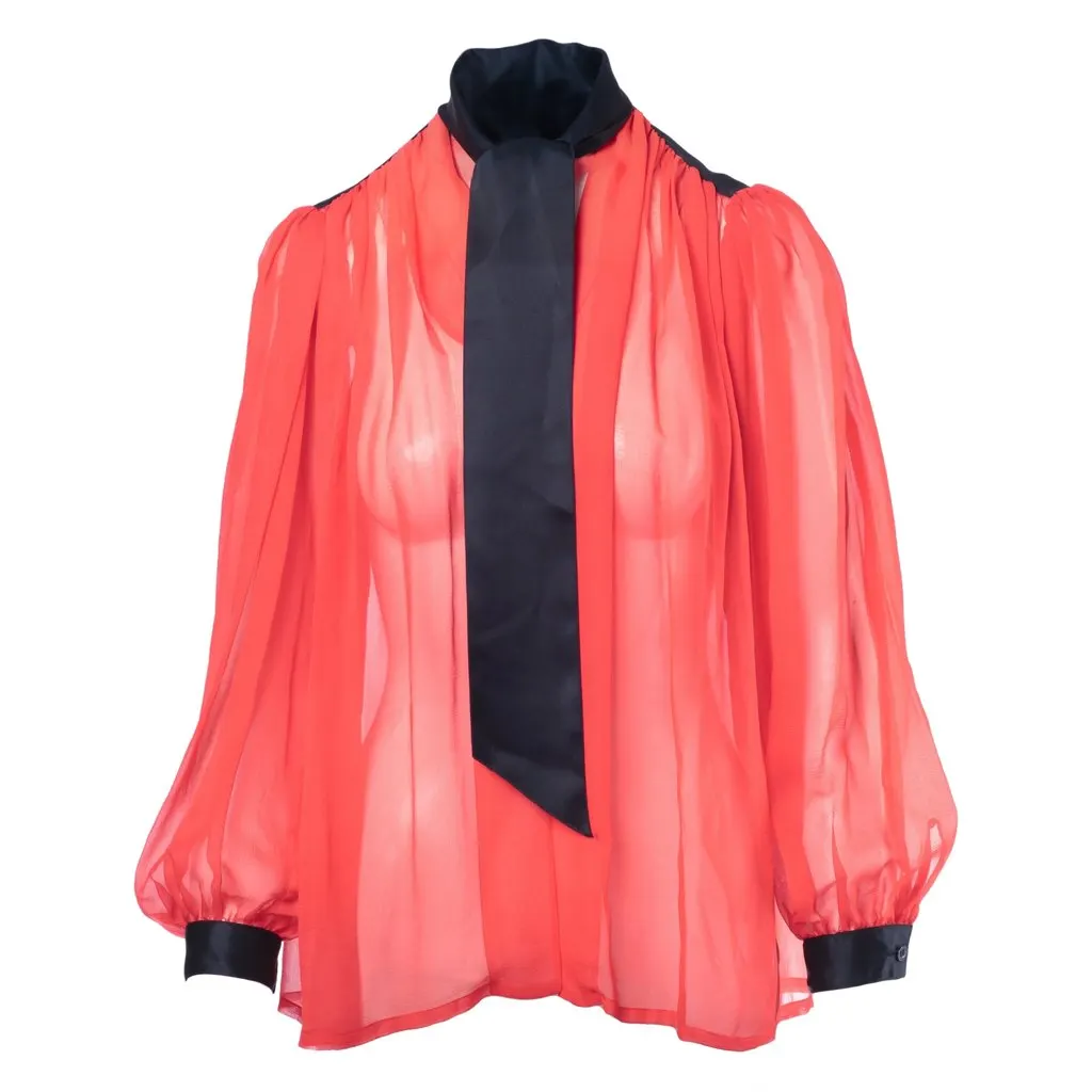 Saint Laurent Rive Gauche Vintage Sheer Silk Pussy-Bow Blouse - '80s Black Silk Good - Front View