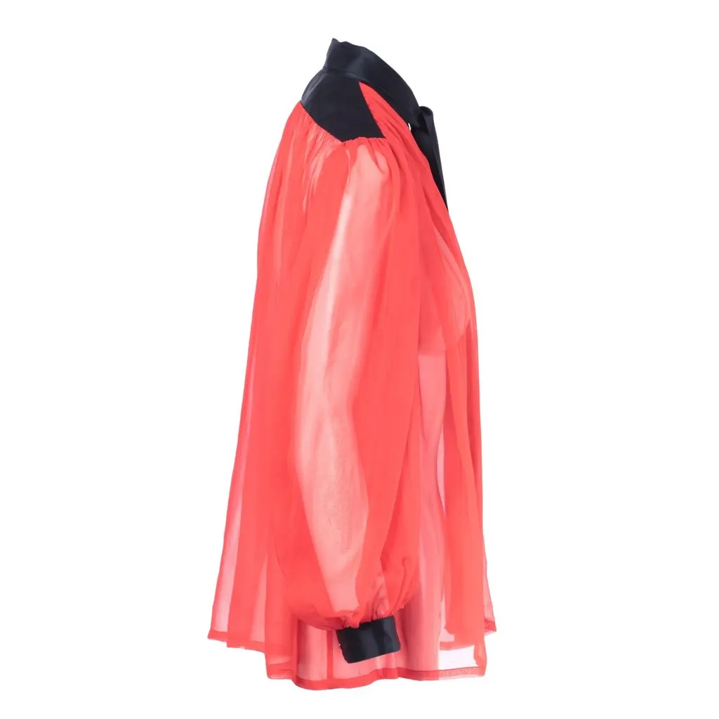 Saint Laurent Rive Gauche Vintage Sheer Silk Pussy-Bow Blouse - '80s Black Silk Good - Back View