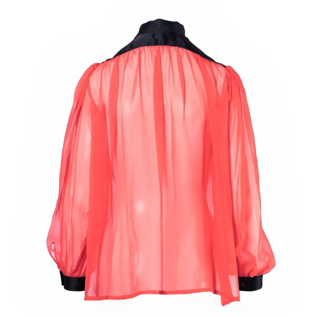 Saint Laurent Rive Gauche Vintage Sheer Silk Pussy-Bow Blouse - '80s Black Silk Good - Inside View