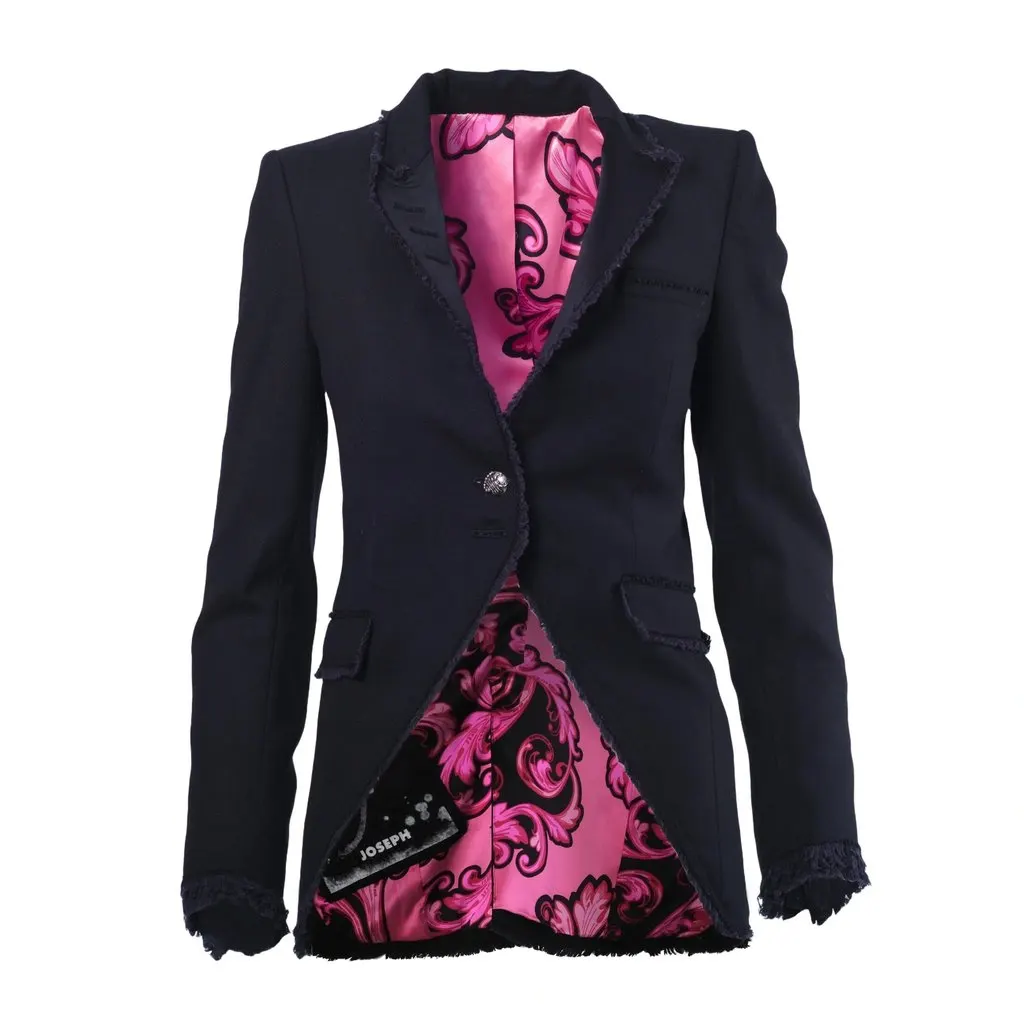 Joseph Black Tailored Single Breasted Blazer with Vibrant Pink Patterned Lining - '00s Black Good - Front View