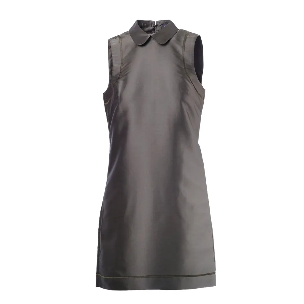 Max Mara Green Sleeveless A-Line Dress with Collar- '10s Green Satin Good - Front View