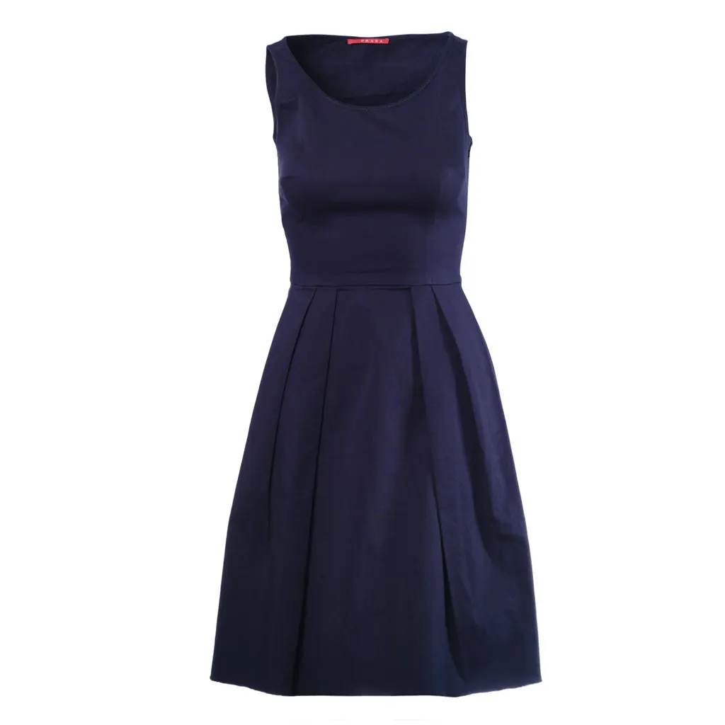 Prada Navy Sleeveless Pleated A-Line Dress -'10s Navy Good - Front View