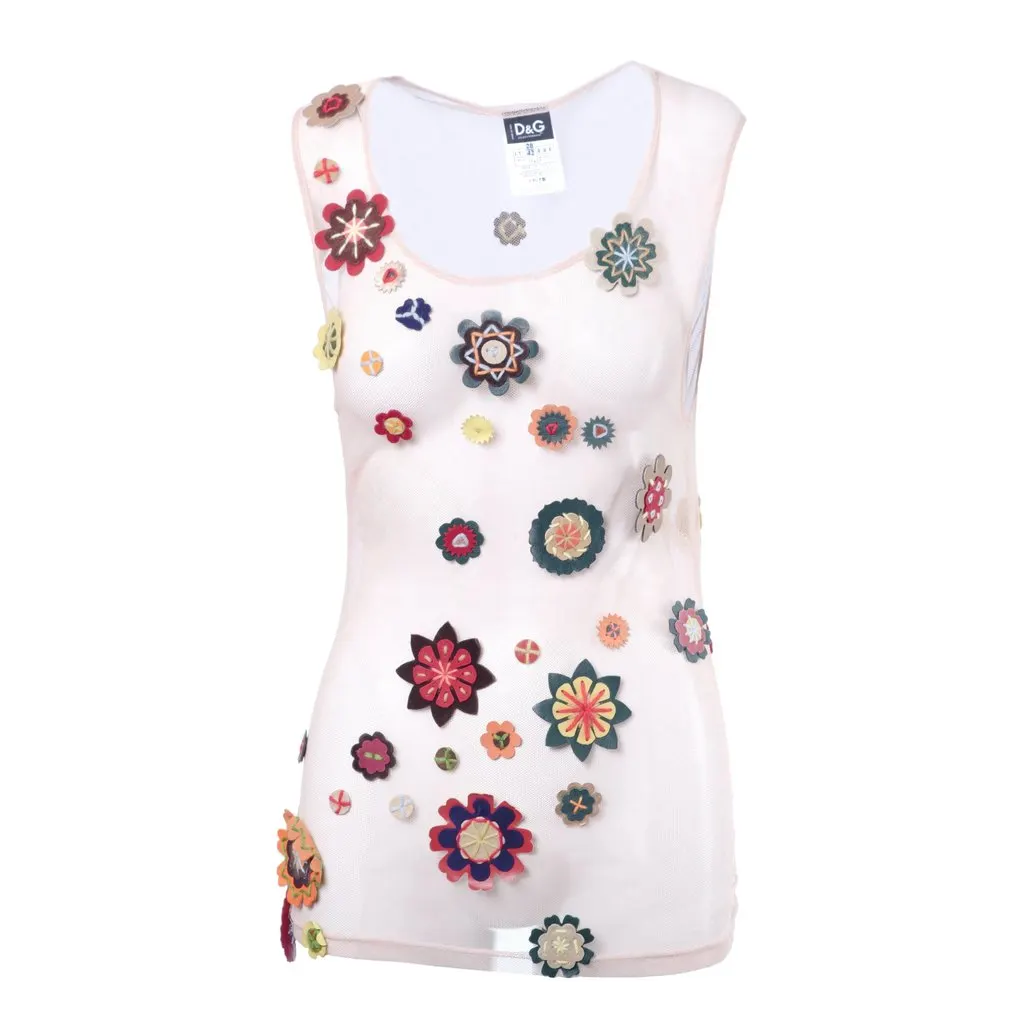 Dolce & Gabbana Y2K Sheer Mesh Floral Appliqué Top - '00s Red Leather Good - Front View