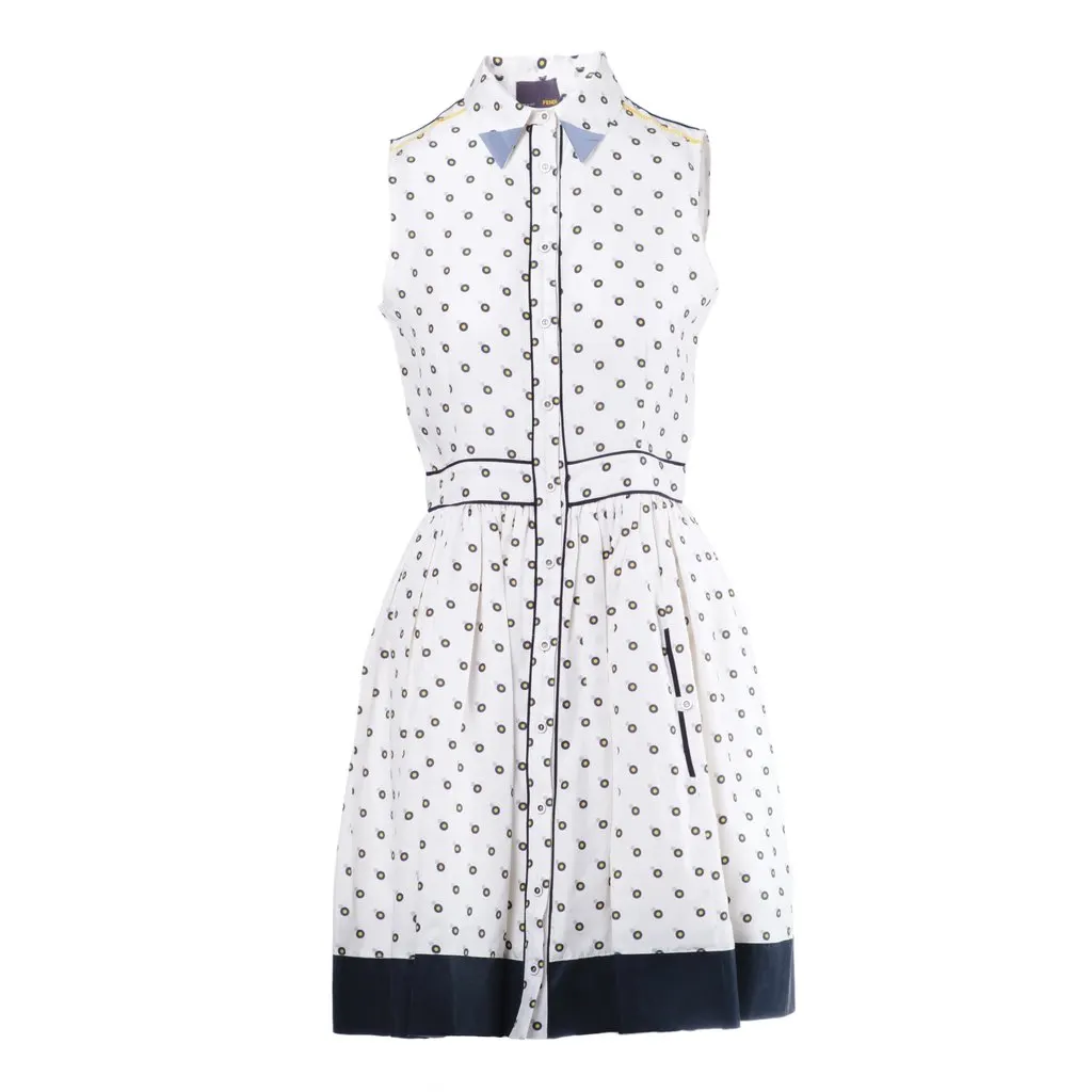 Fendi White Silk Shirt Dress with Polka Dot Print and Contrast Hem- '10s White Silk Good - Front View