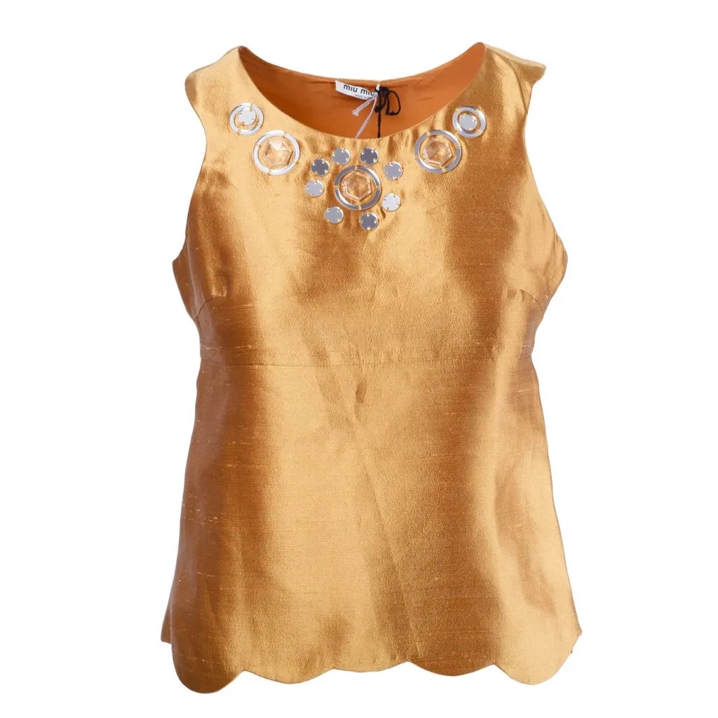 Miu Miu Gold Silk Top with Embellished Neckline - '00s Gold Silk Good - Front View