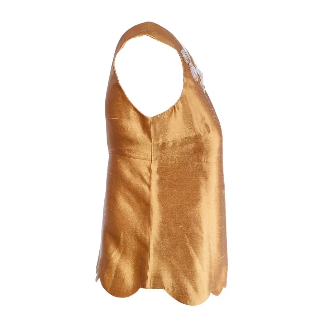 Miu Miu Gold Silk Top with Embellished Neckline - '00s Gold Silk Good - Back View