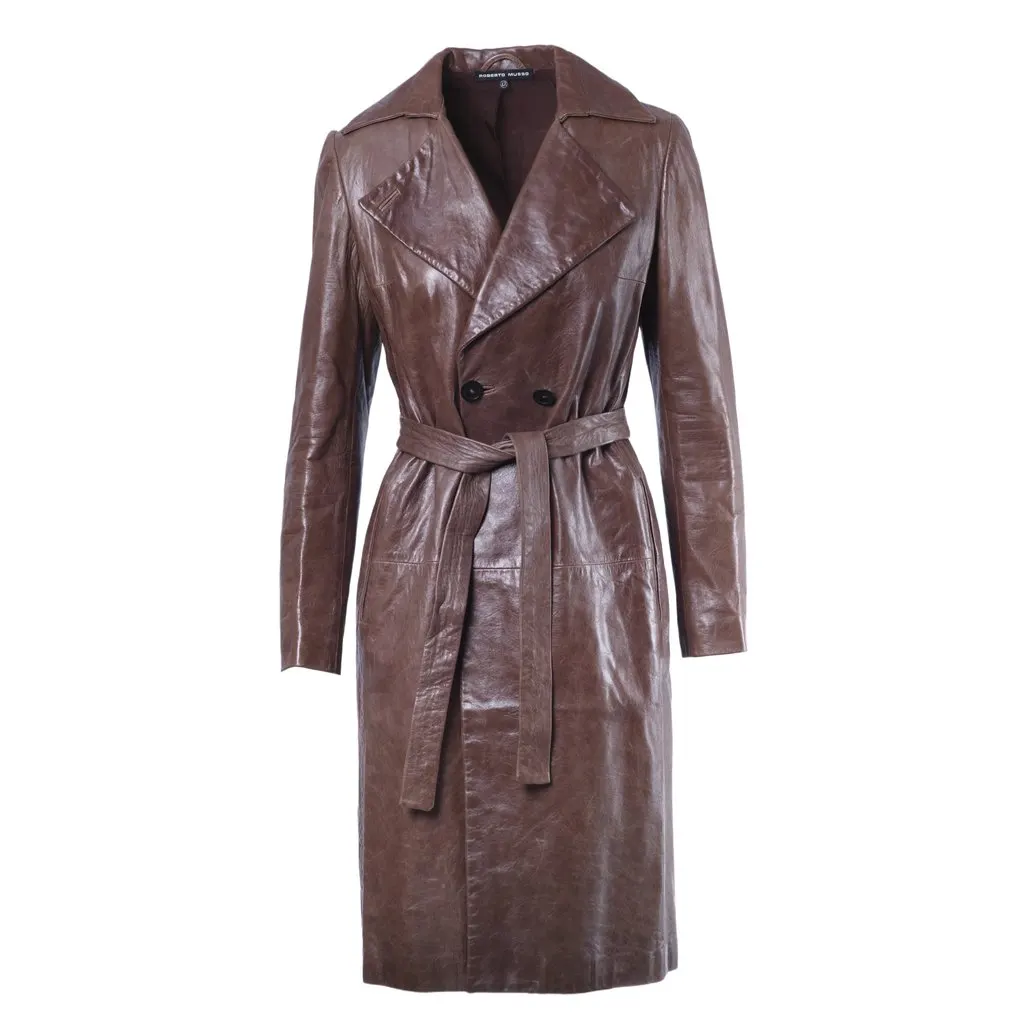 Unsigned Brown Sheepskin Leather Trench Coat - '00s Brown Leather Good - Front View