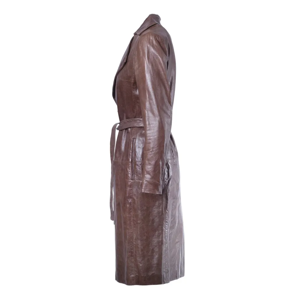 Unsigned Brown Sheepskin Leather Trench Coat - '00s Brown Leather Good - Back View