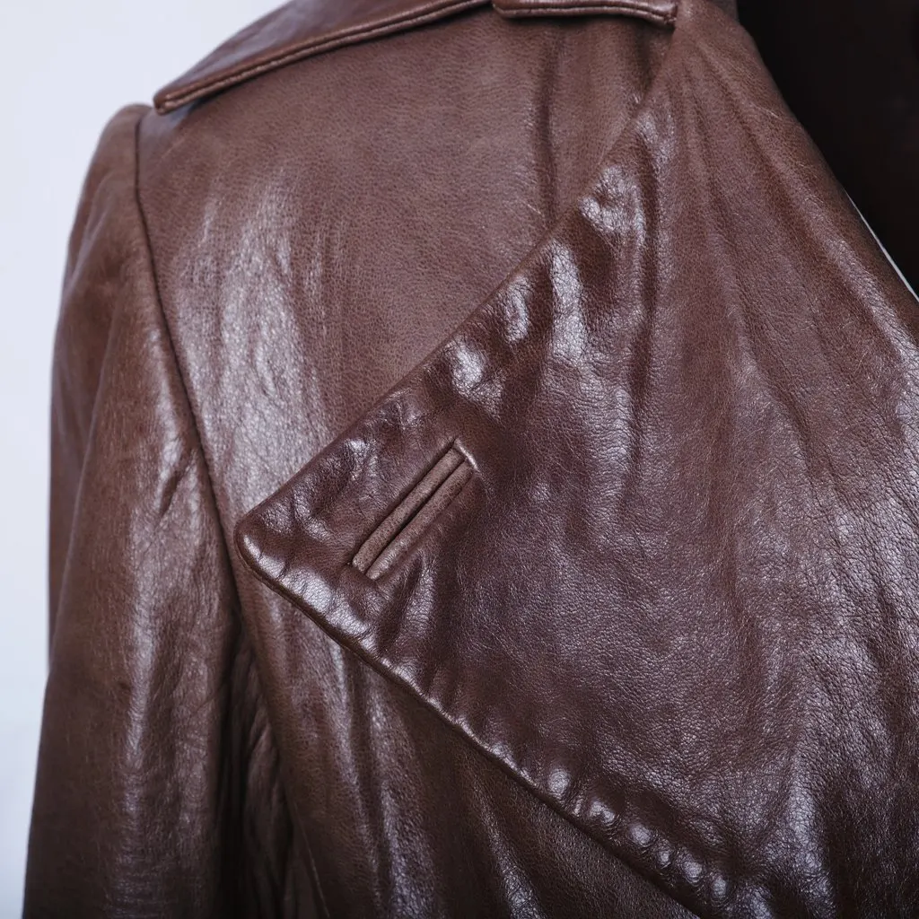 Unsigned Brown Sheepskin Leather Trench Coat - '00s Brown Leather Good - Model View