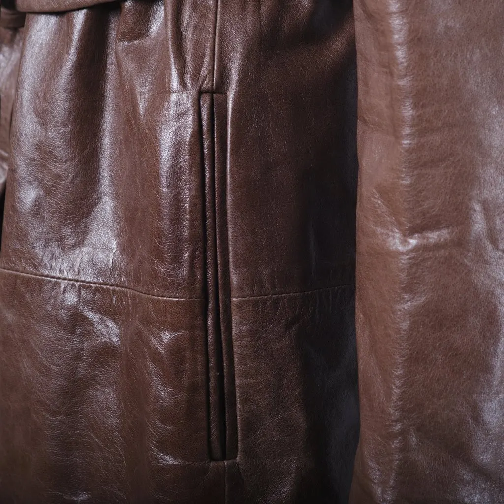 Unsigned Brown Sheepskin Leather Trench Coat - '00s Brown Leather Good - Box View