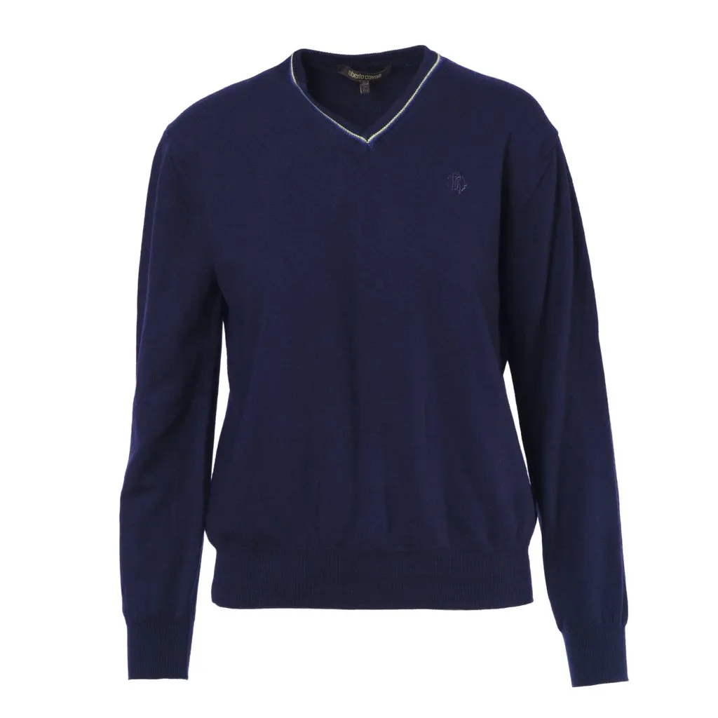 Roberto Cavalli Wool Classic Logo V Nech Light Sweater - '00s Navy Wool Good - Front View