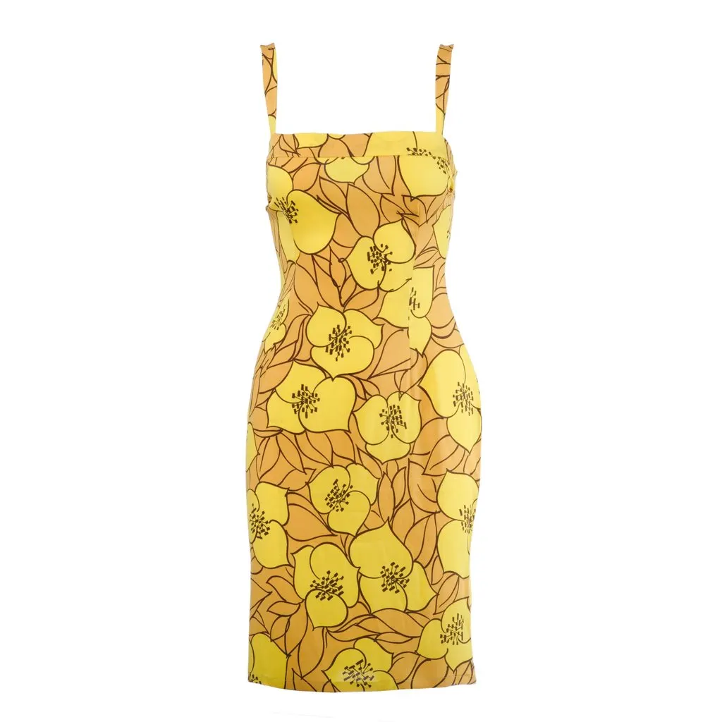 Dolce&Gabbana Yellow Floral Silk Midi Dress - '00s Yellow Silk Good - Front View