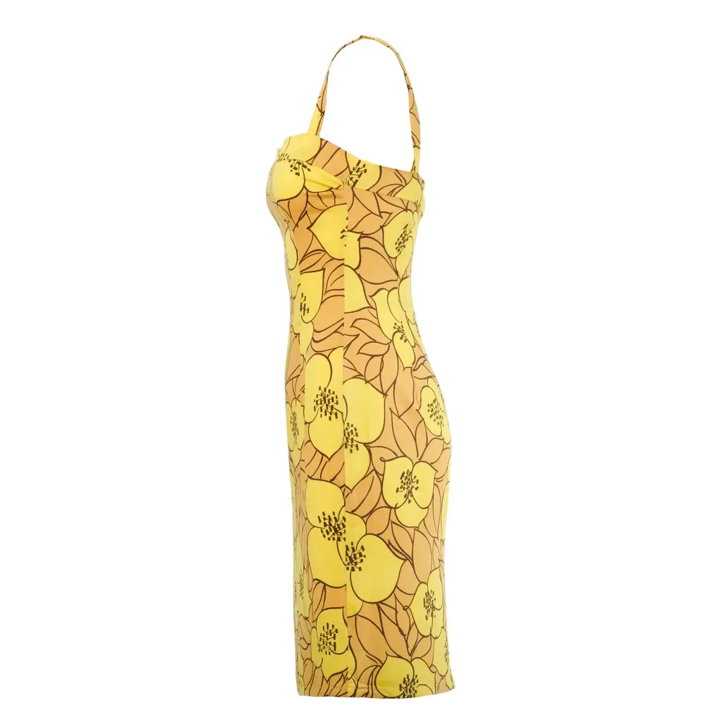 Dolce&Gabbana Yellow Floral Silk Midi Dress - '00s Yellow Silk Good - Back View