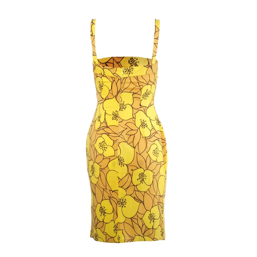 Dolce&Gabbana Yellow Floral Silk Midi Dress - '00s Yellow Silk Good - Inside View