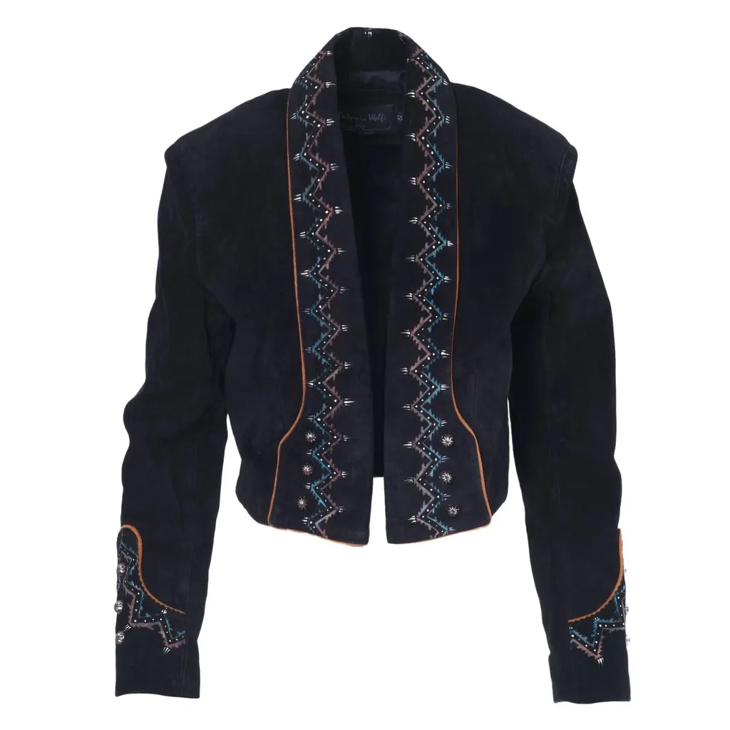 Unsigned Patricia Wolf Embellished Suede Western Jacket in Black - '90s Black Suede Good - Front View