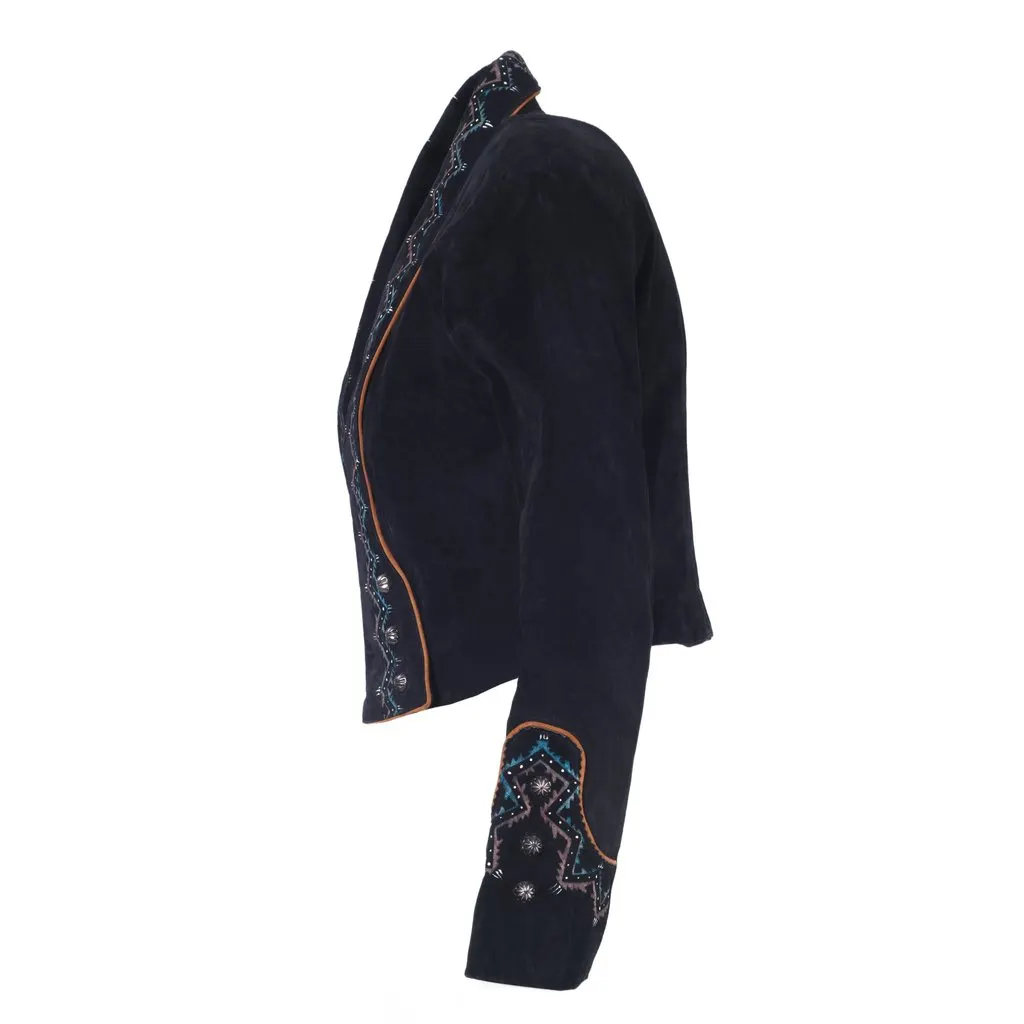 Unsigned Patricia Wolf Embellished Suede Western Jacket in Black - '90s Black Suede Good - Back View