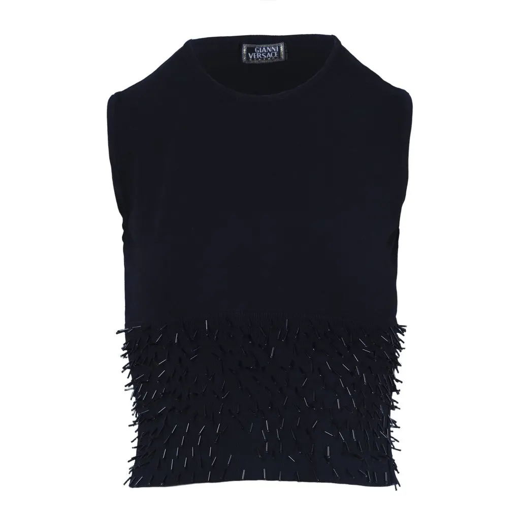 Gianni Versace Black Sleeveless Embellished Knit Top - '90s Black Good - Front View