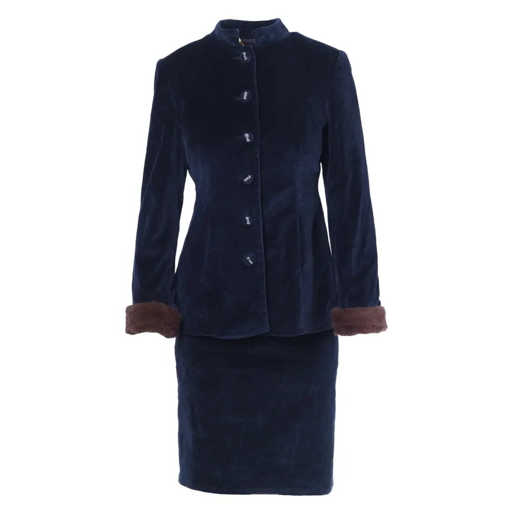 Blumarine Navy Velvet Skirt Suit With Fur Cuffs - '00s Navy Velvet Good - Front View