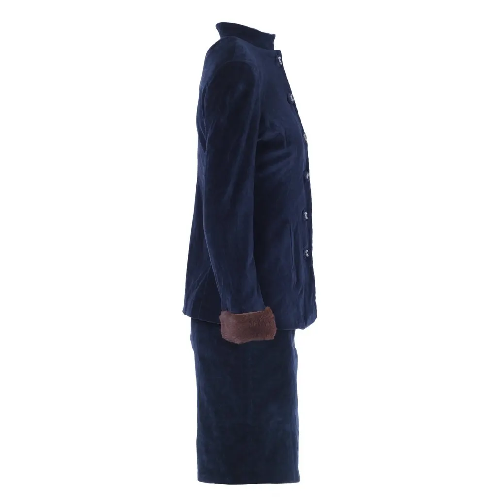 Blumarine Navy Velvet Skirt Suit With Fur Cuffs - '00s Navy Velvet Good - Back View