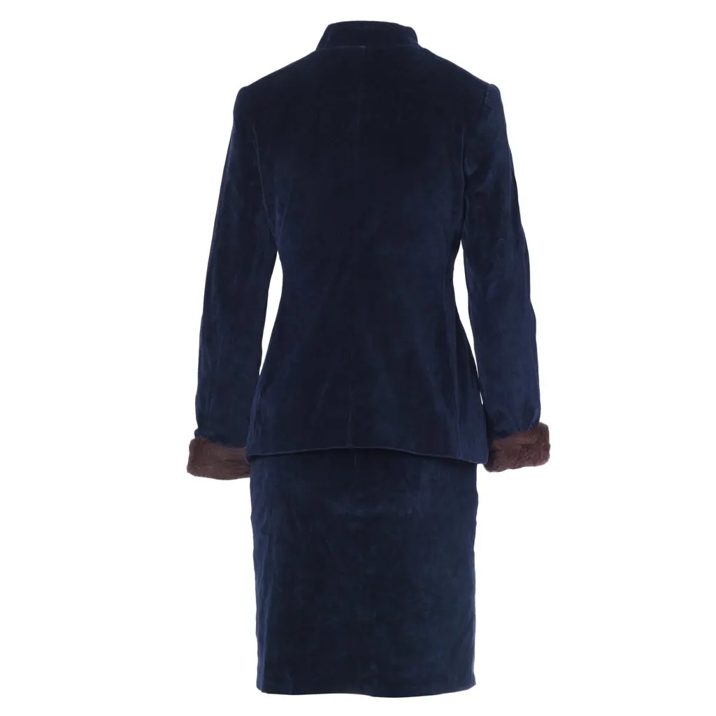 Blumarine Navy Velvet Skirt Suit With Fur Cuffs - '00s Navy Velvet Good - Inside View