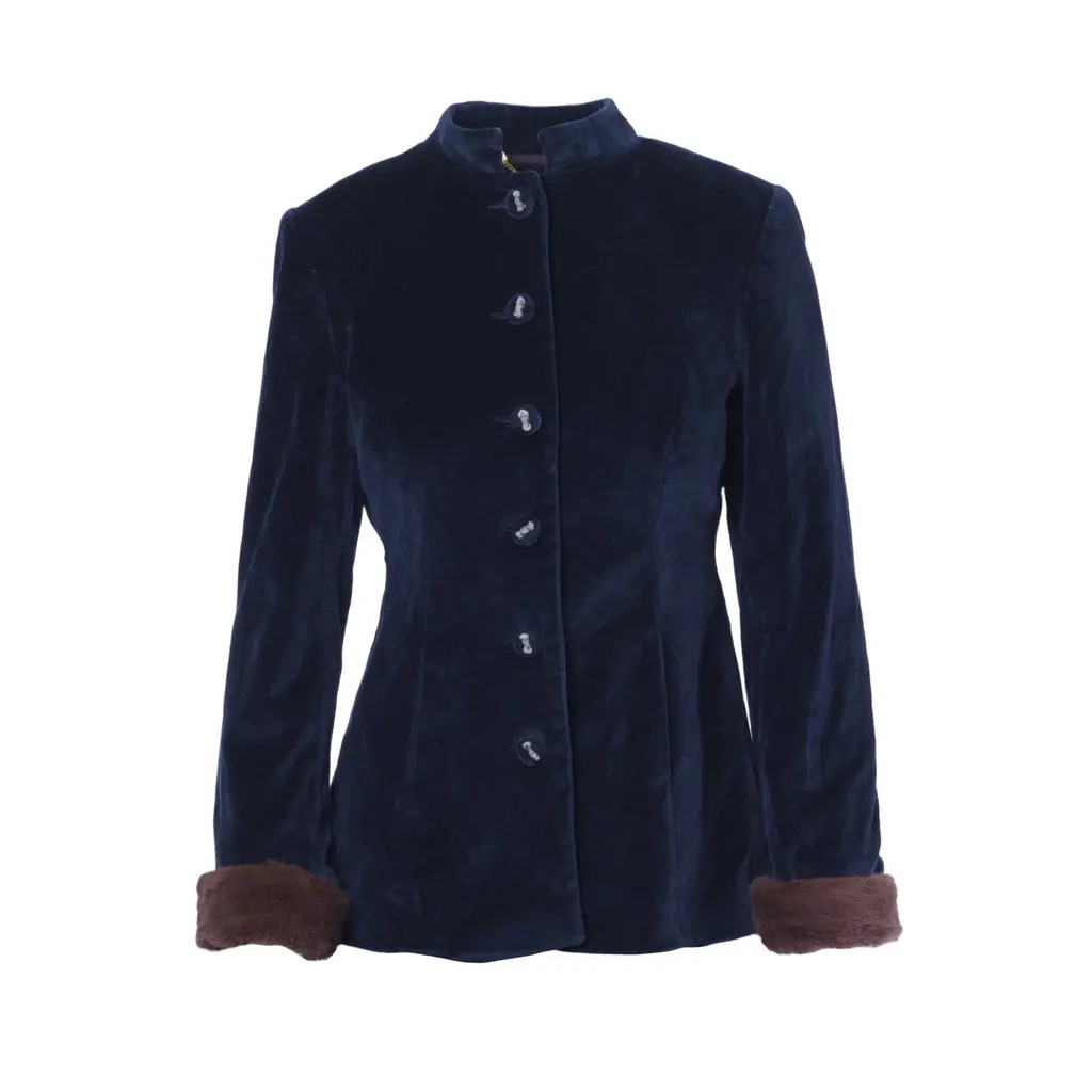 Blumarine Navy Velvet Skirt Suit With Fur Cuffs - '00s Navy Velvet Good - Model View