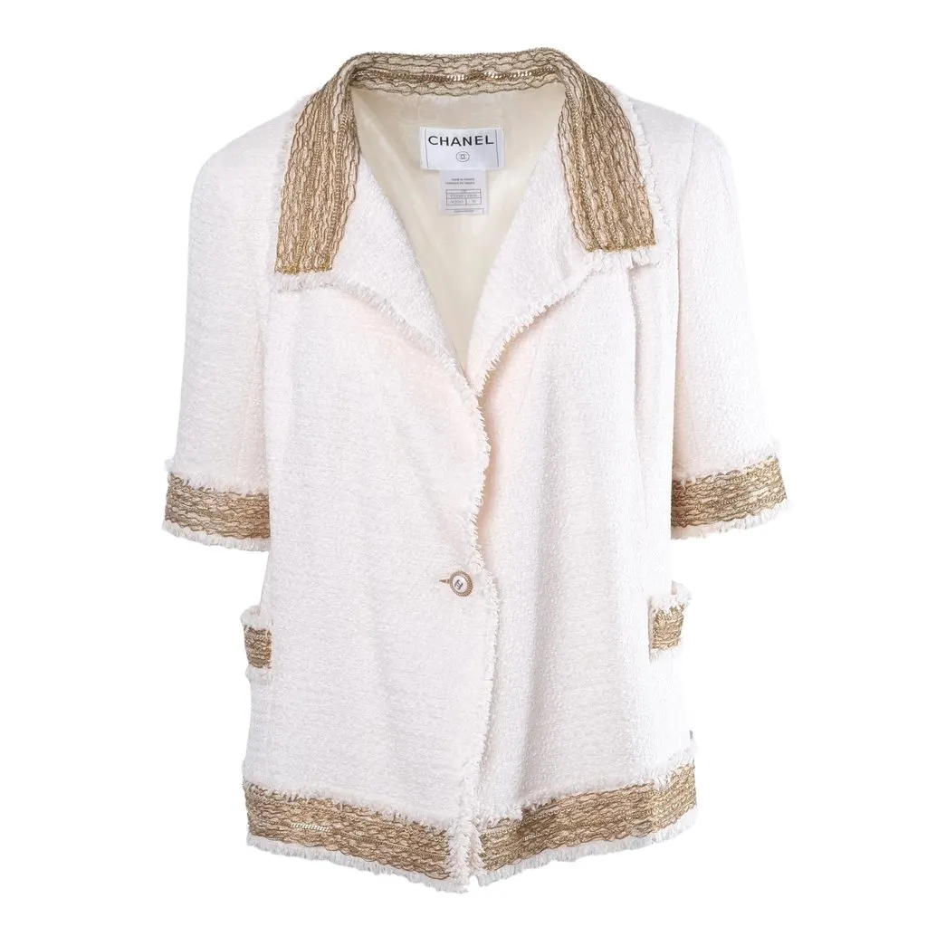 Chanel Short Sleeve Ivory Jacket With Silk Lining - '00s White Silk Good - Front View