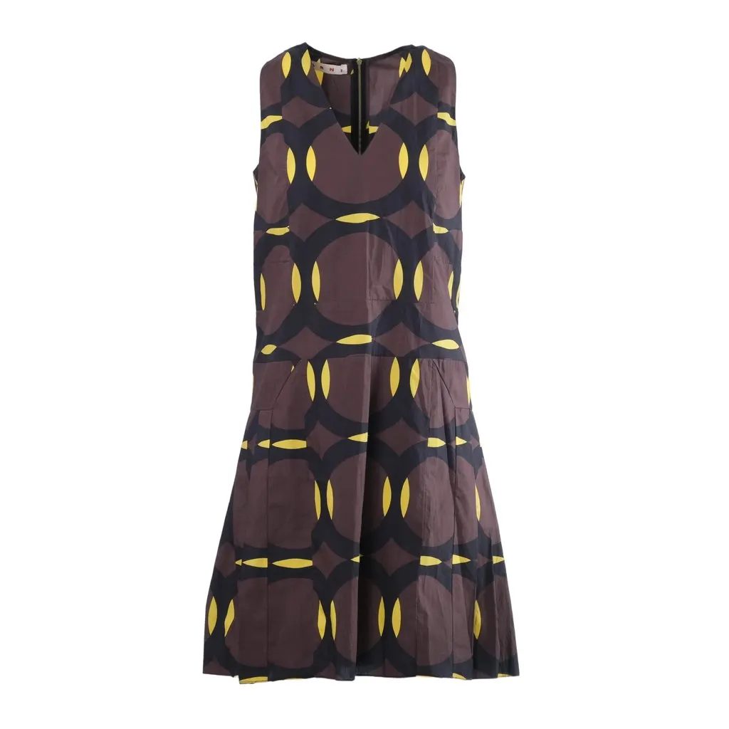 Marni Sleeveless Dress Featuring Brown and Yellow Geometric Circle Pattern - '10s Brown Cotton Good - Front View