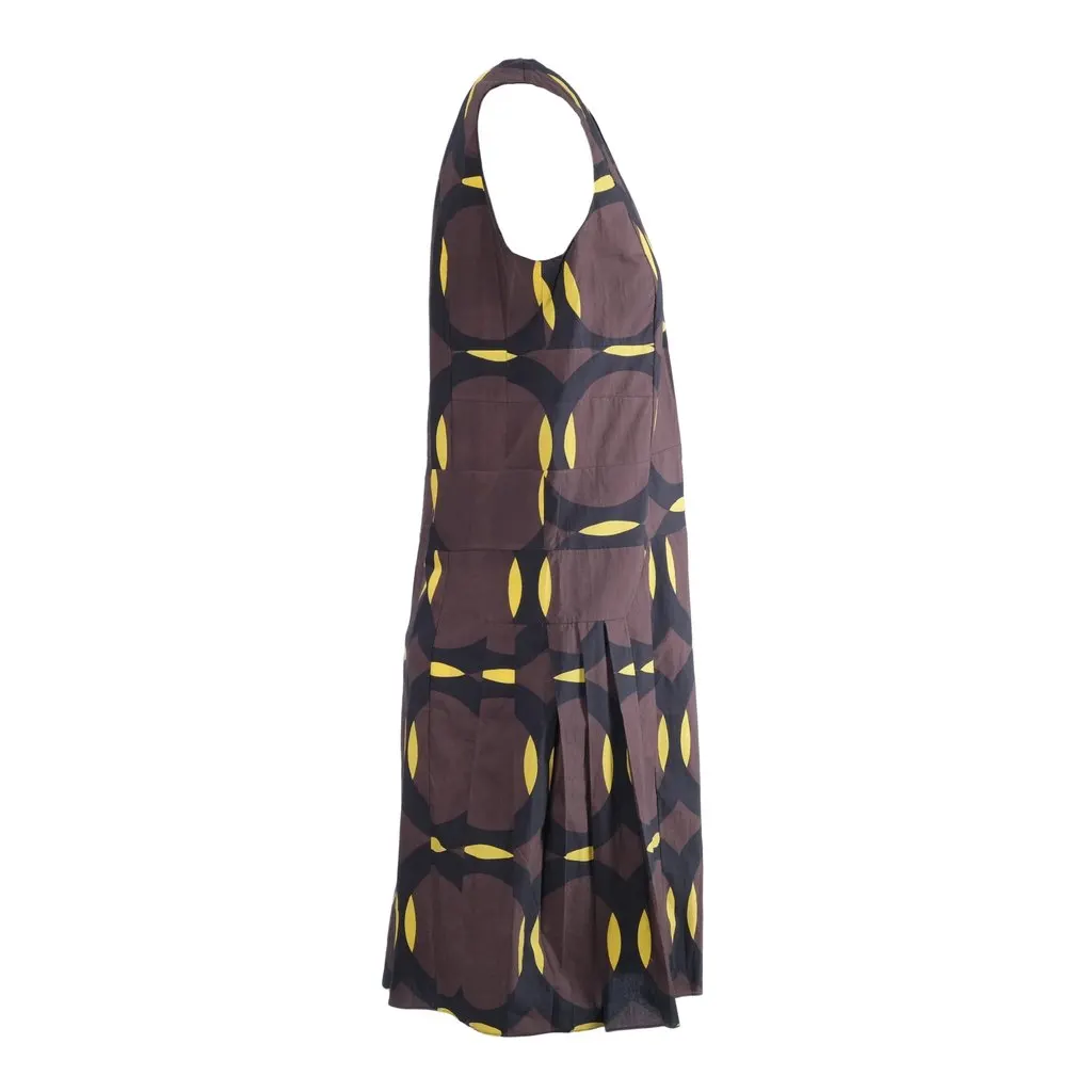 Marni Sleeveless Dress Featuring Brown and Yellow Geometric Circle Pattern - '10s Brown Cotton Good - Inside View