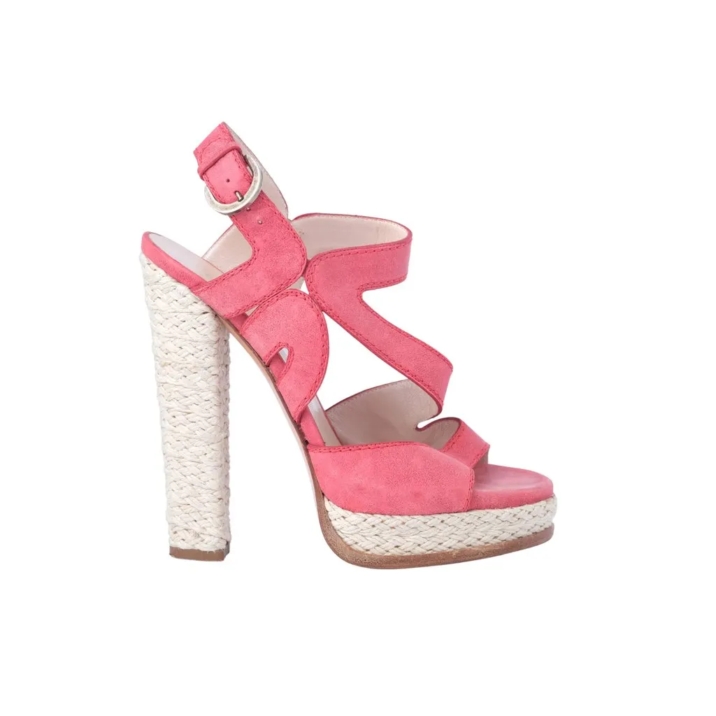 Unsigned Casadei Pink Nubuck Leather Ankle Strap Espadrille Sandals- '10s Pink Leather Good - Front View