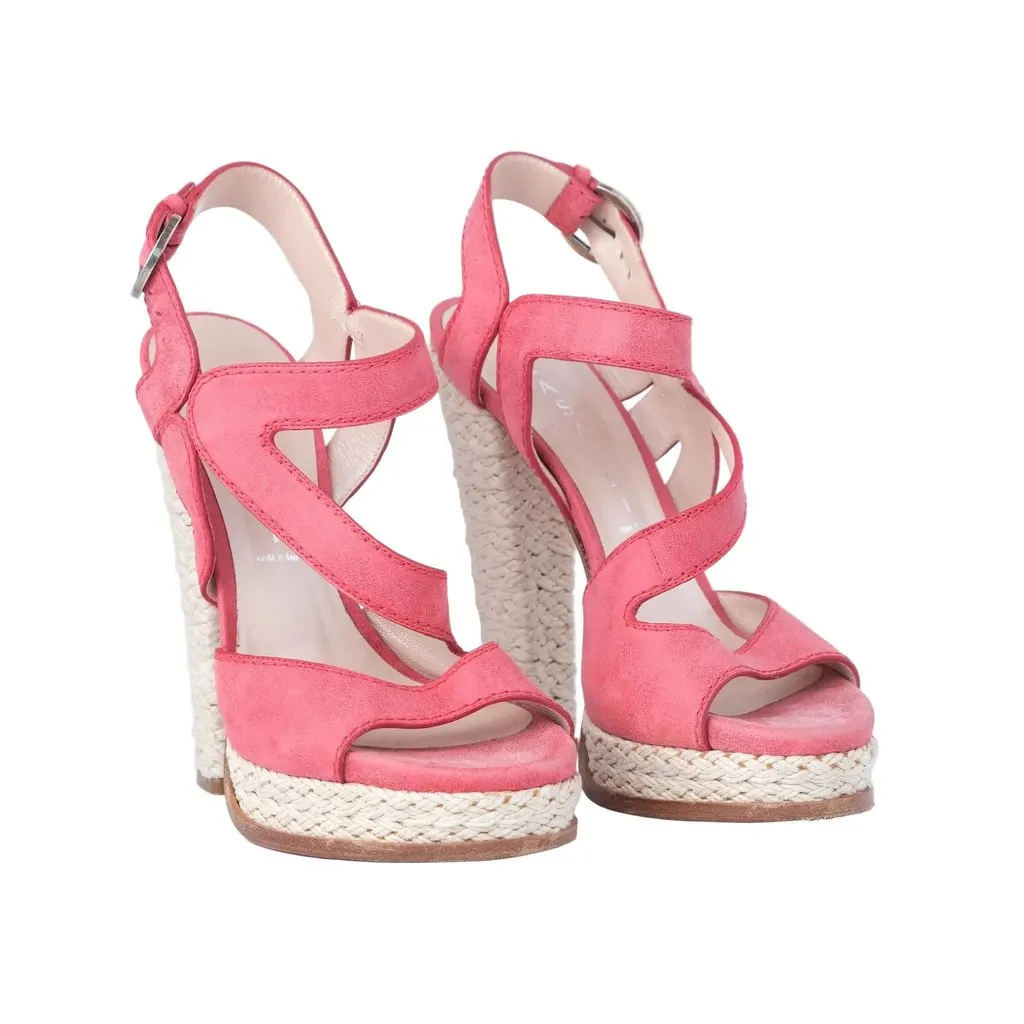 Unsigned Casadei Pink Nubuck Leather Ankle Strap Espadrille Sandals- '10s Pink Leather Good - Back View