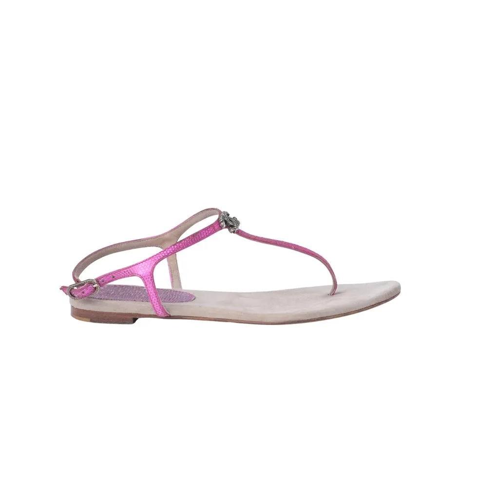 Chanel Metallic Fuchsia Leather CC Thong Sandals - '10s Red Leather Good - Front View