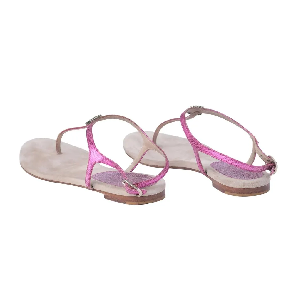 Chanel Metallic Fuchsia Leather CC Thong Sandals - '10s Red Leather Good - Inside View